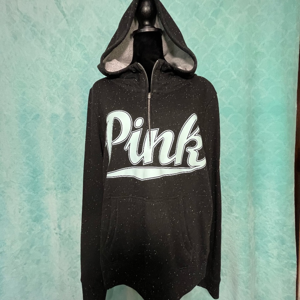 Victoria’s Secret PINK 1/4 Zip Hoodie Black Heather Logo Front Pullover Large